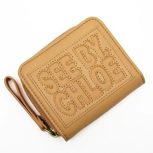 Chloé SEE BY CHLOE Alphabet Bifold Zip Around Calfskin Leather Wallet in Tan